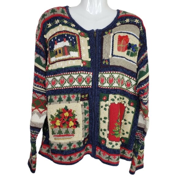 Heirloom Collectibles Christmas Sweater Large 3D Tree Poinsettias Full Zip VTG - Picture 1 of 10